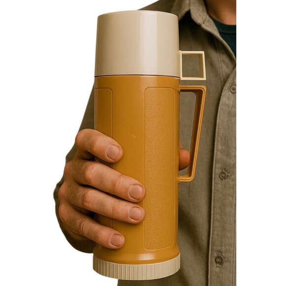 Vintage Thermos Brand Glass INSIDE Travel Coffee Container Harvest Gold Cup Lid - Picture 1 of 16